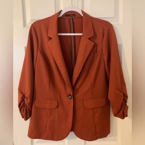 Maurices burnt orange, ruched sleeve, ruffle back blazer, size XL